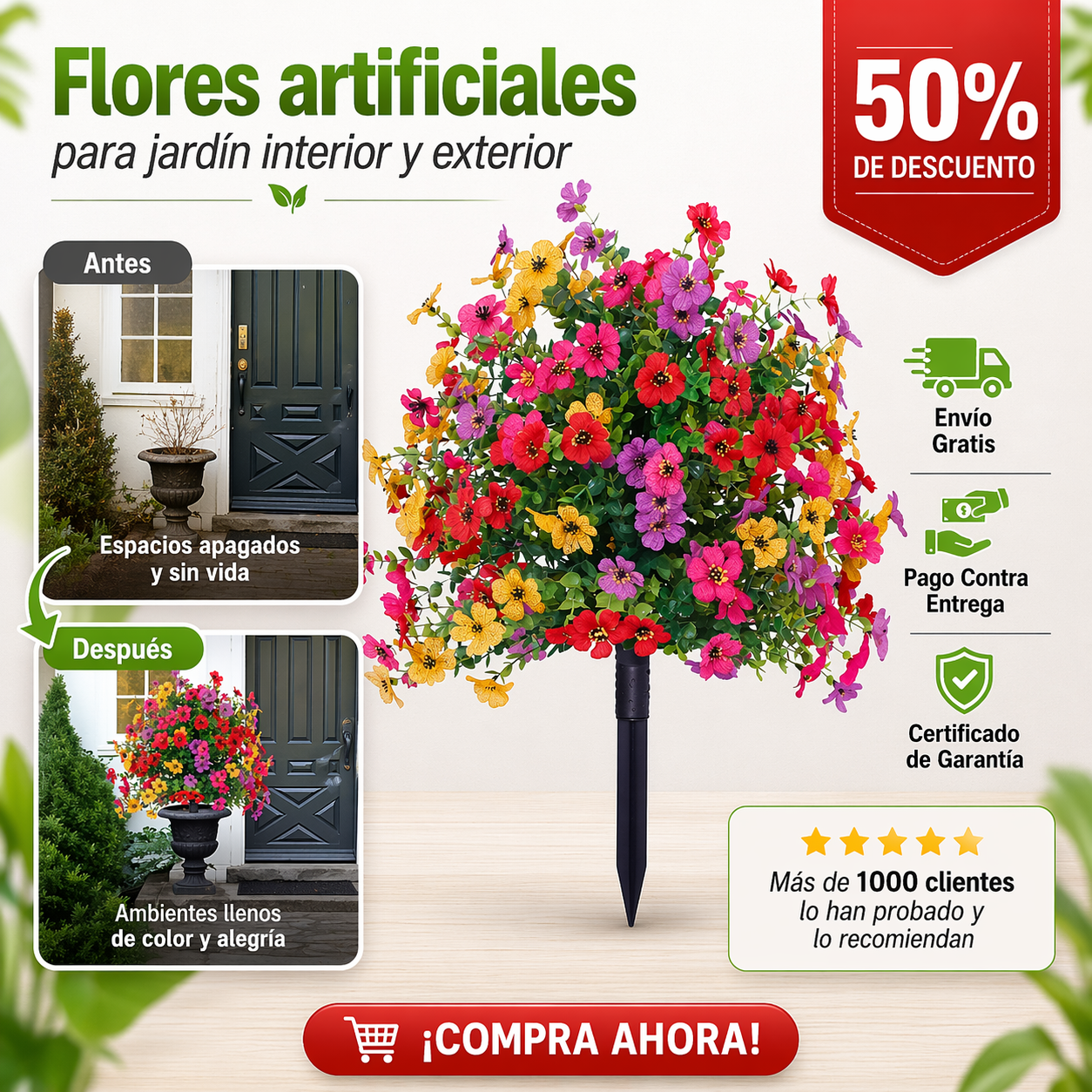 Flores artificiales para jardín interior y exterior.