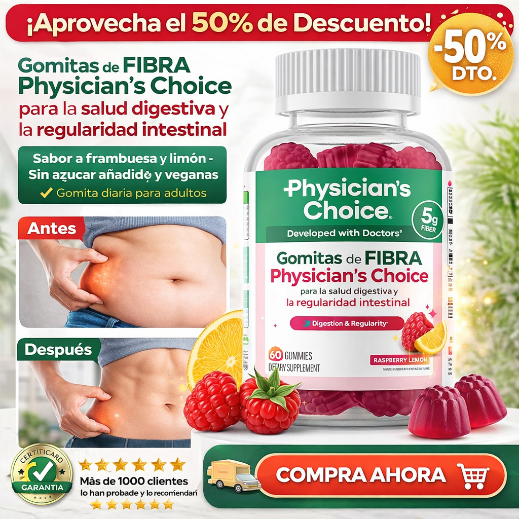 Gomitas de fibra Physician’s Choice para la salud digestiva y la regularidad intestinal - Sabor a frambuesa y limón - Sin azúcar añadido y veganas - Gomita diaria para adultos